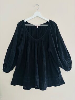 LUX Black Boho Blouse M 100% Cotton Long Sleeve Flowy Top Like New/Never Worn